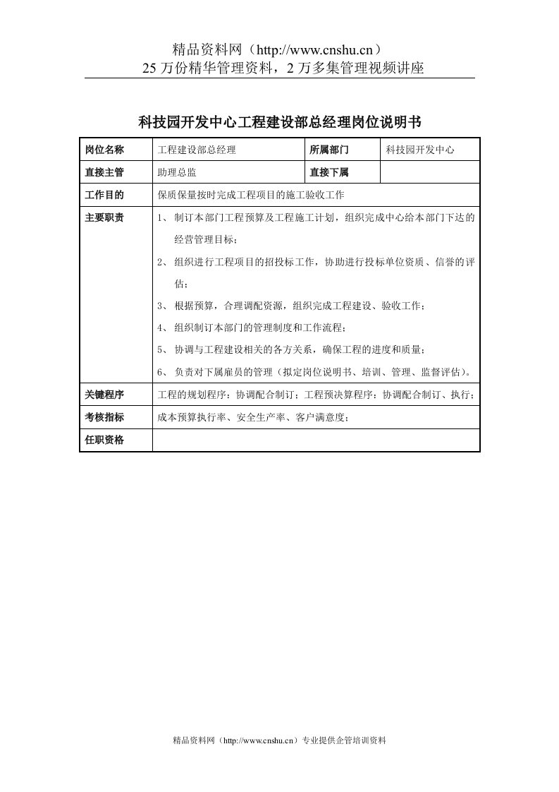 科技园开发中心工程建设部总经理岗位说明书