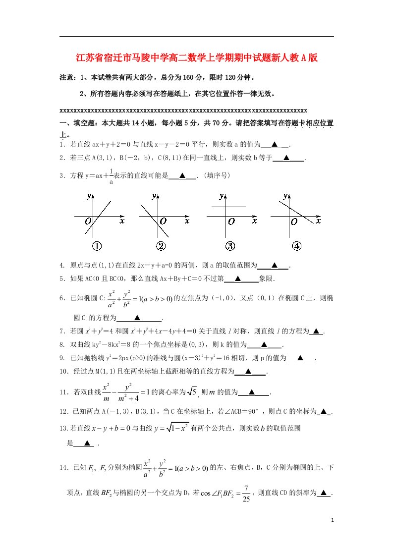 江苏省宿迁市马陵中学高二数学上学期期中试题新人教A版