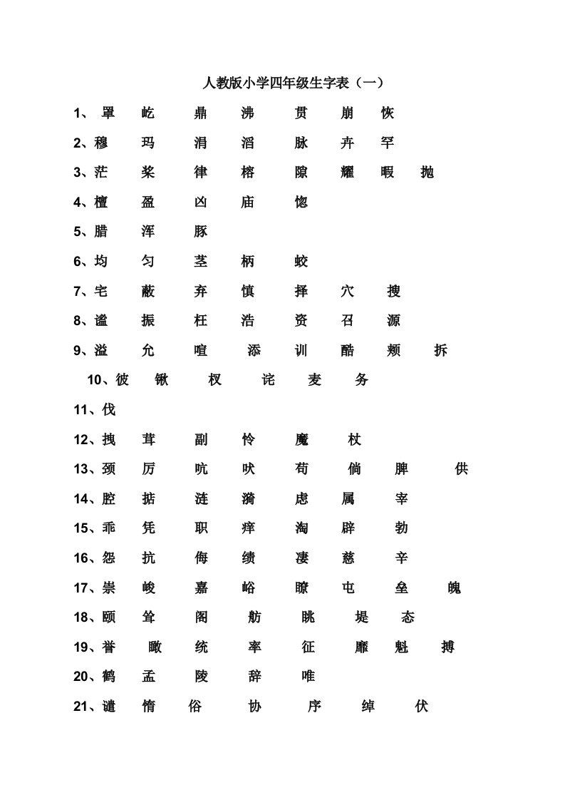 人教版四年级上册生字表