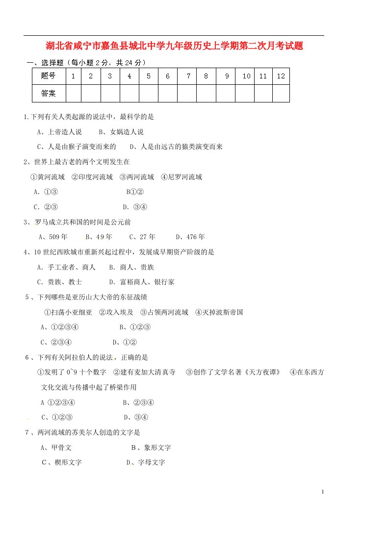 湖北省咸宁市嘉鱼县城北中学九级历史上学期第二次月考试题（无答案）