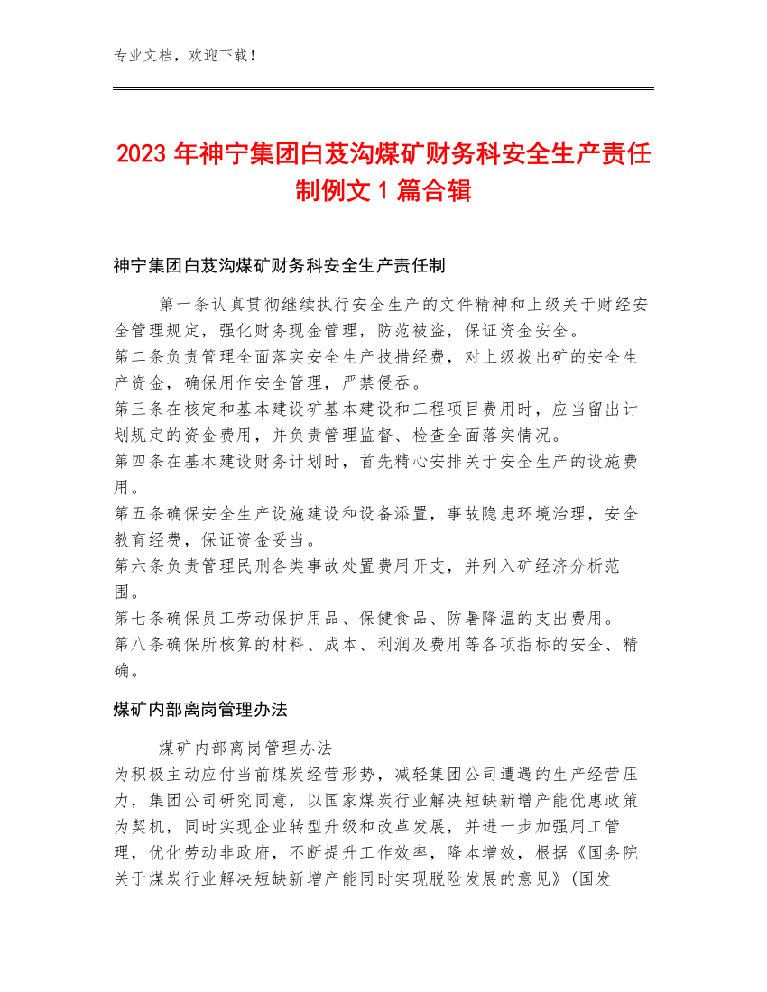 2023年神宁集团白芨沟煤矿财务科安全生产责任制例文1篇合辑