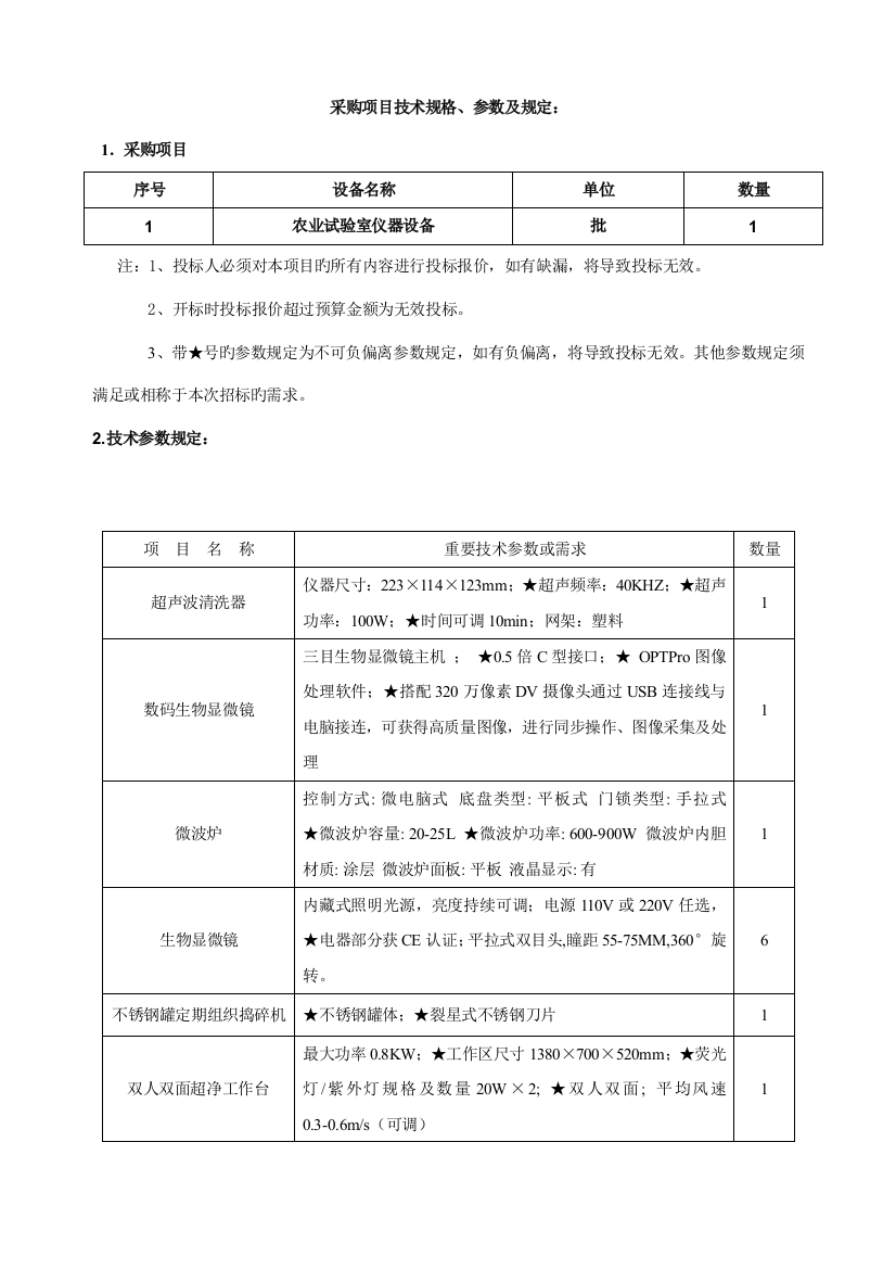 采购项目技术规格参数及要求