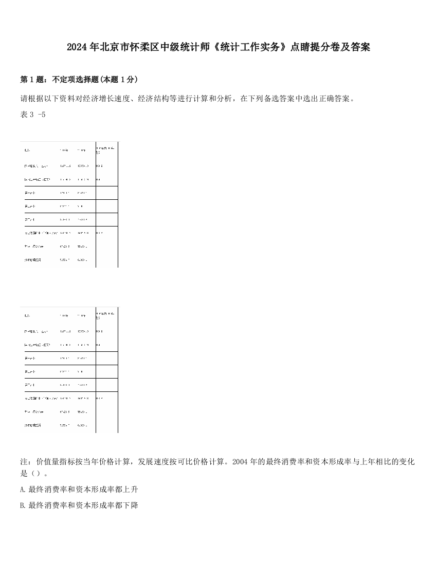 2024年北京市怀柔区中级统计师《统计工作实务》点睛提分卷及答案