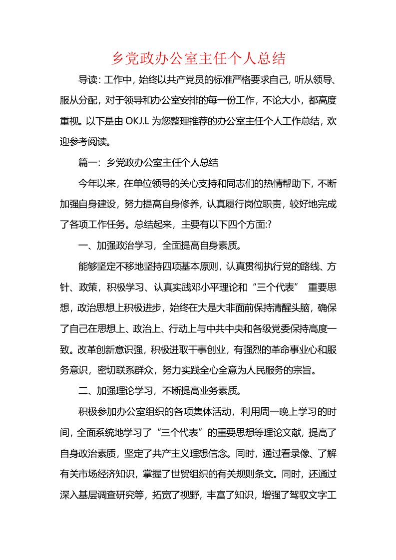 乡党政办公室主任个人总结