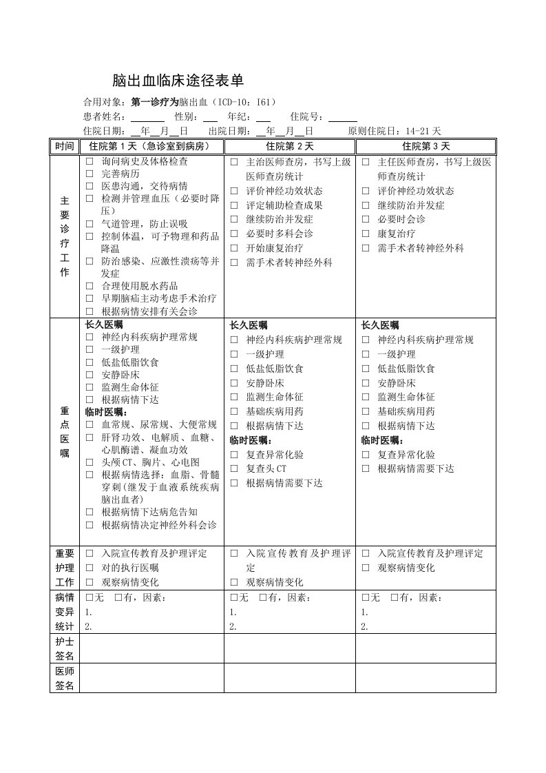 脑出血临床路径表单