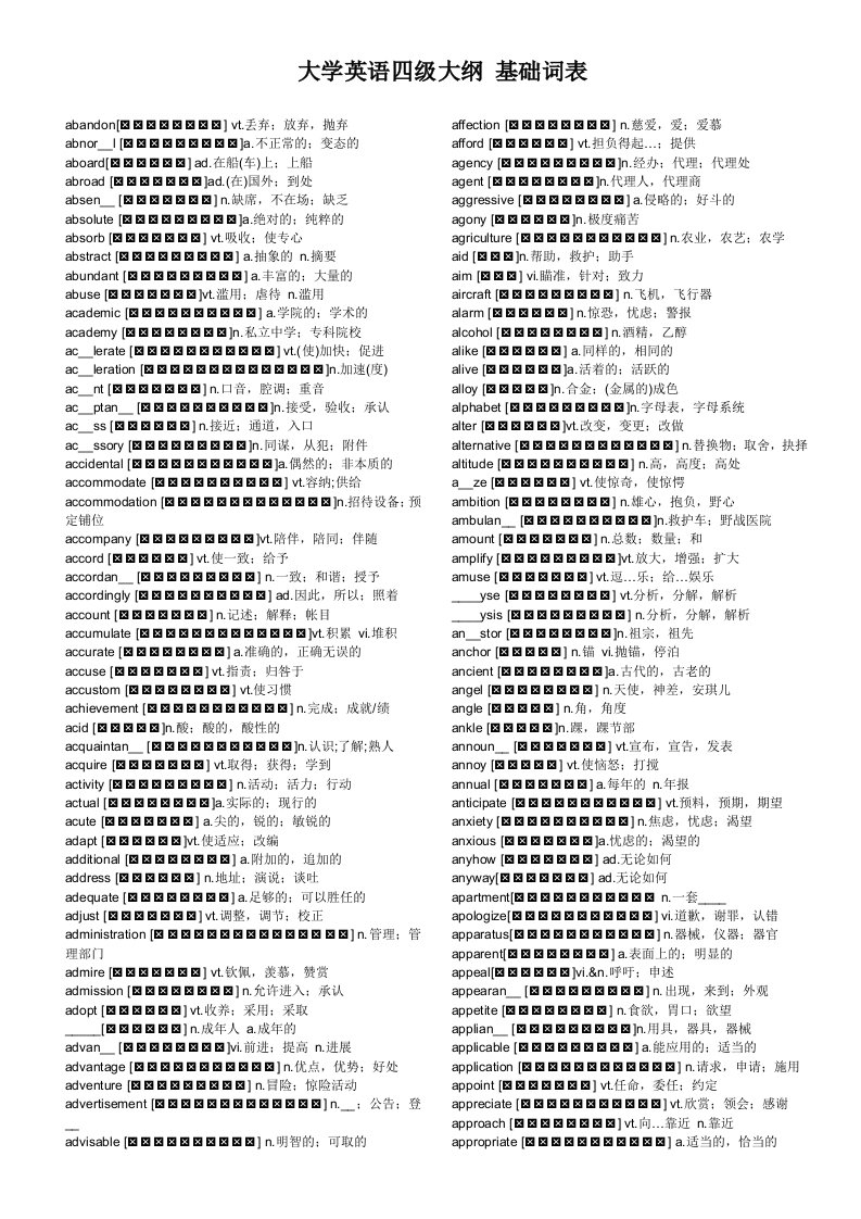 大学英语四级基础词汇表带音标