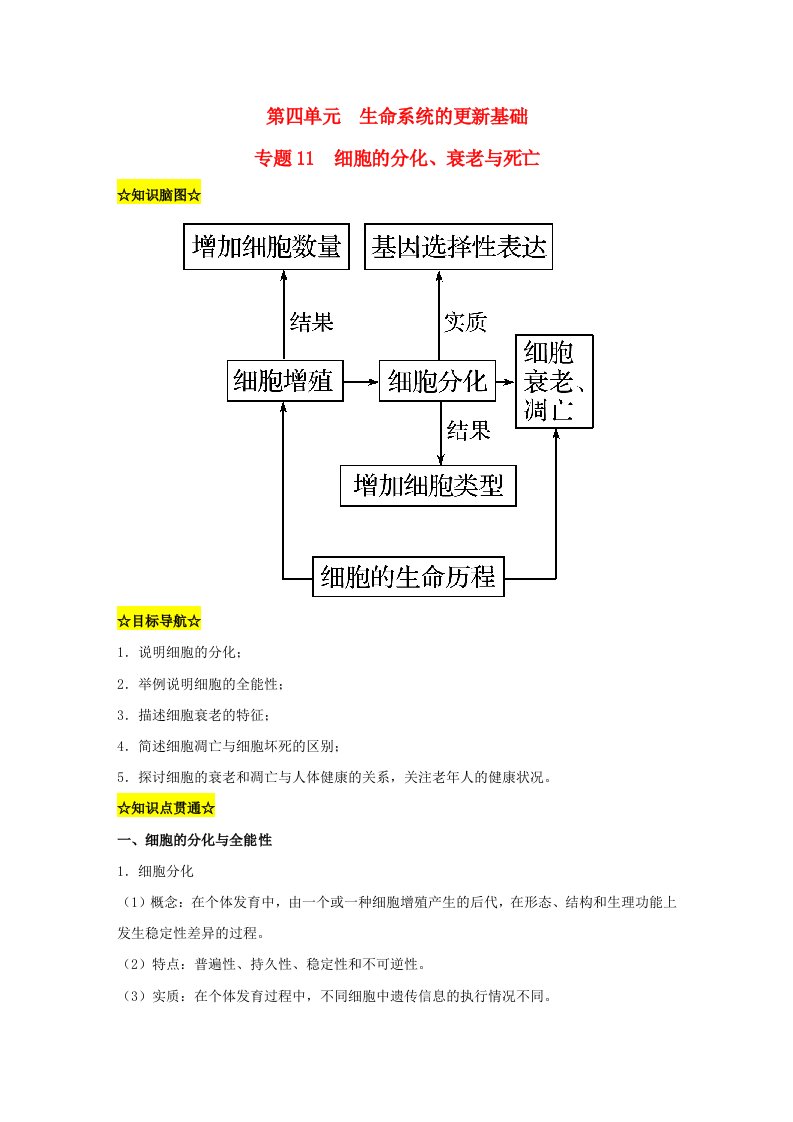 暑期预习2023高中生物专题11细胞的分化衰老与死亡知识精讲新人教版必修1