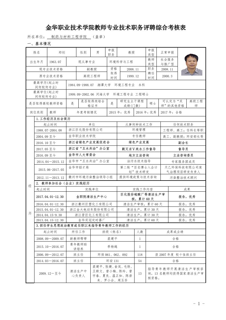 金华职业技术学院教师专业技术职务评聘综合考核表