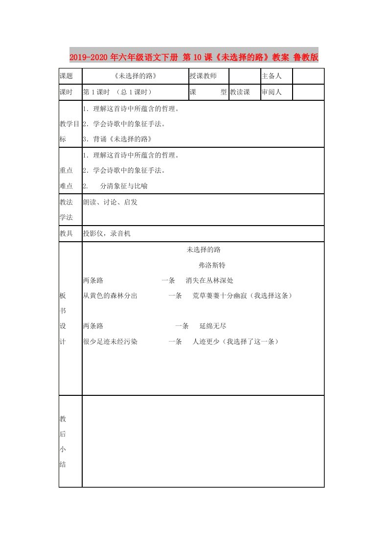 2019-2020年六年级语文下册