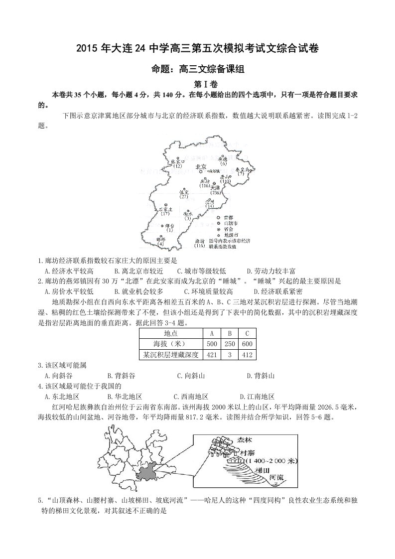 大连市第二十四中学2015届高三第五次模拟考试文综试题