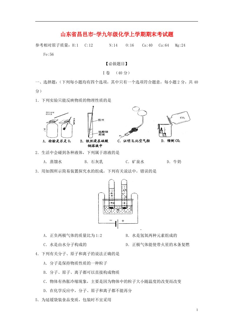 山东省昌邑市学九级化学上学期期末考试题