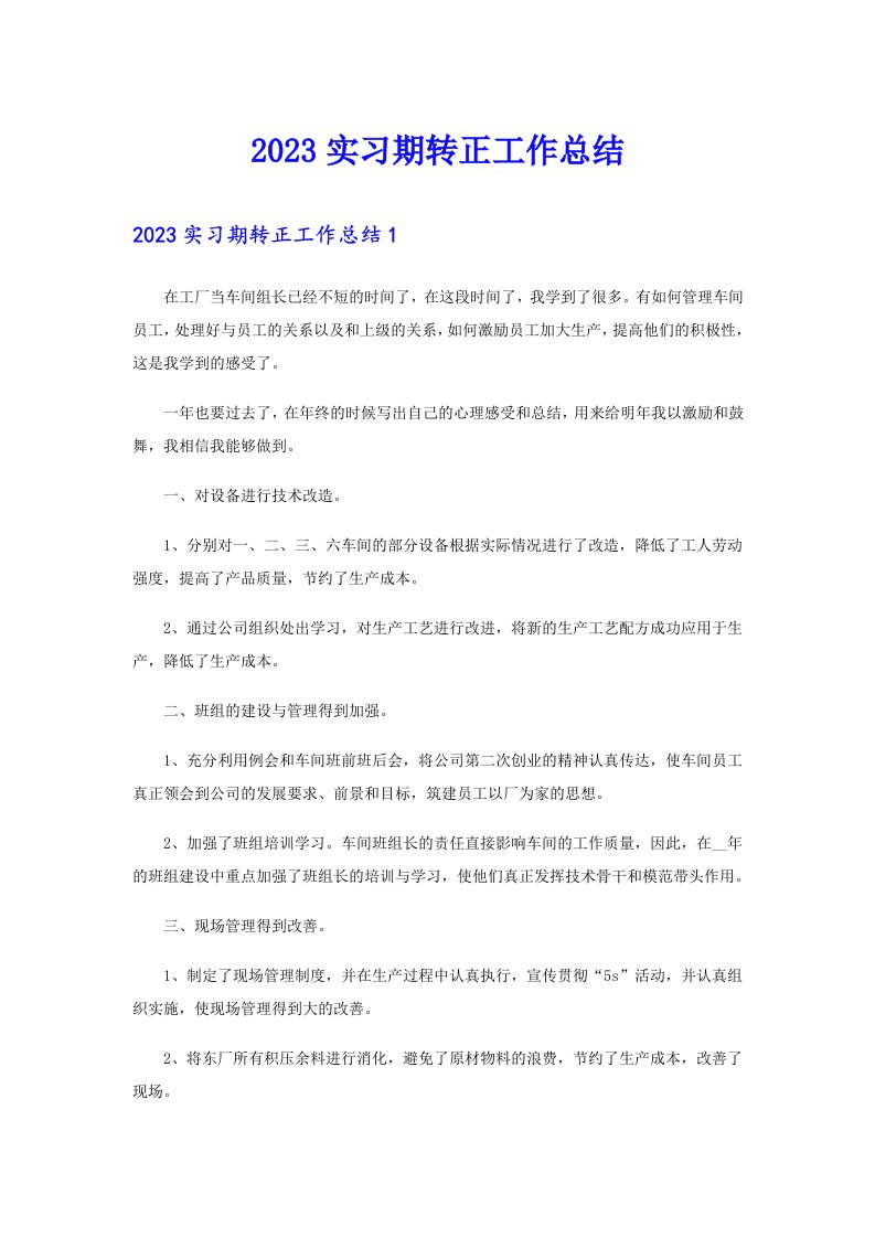 （精选）2023实习期转正工作总结