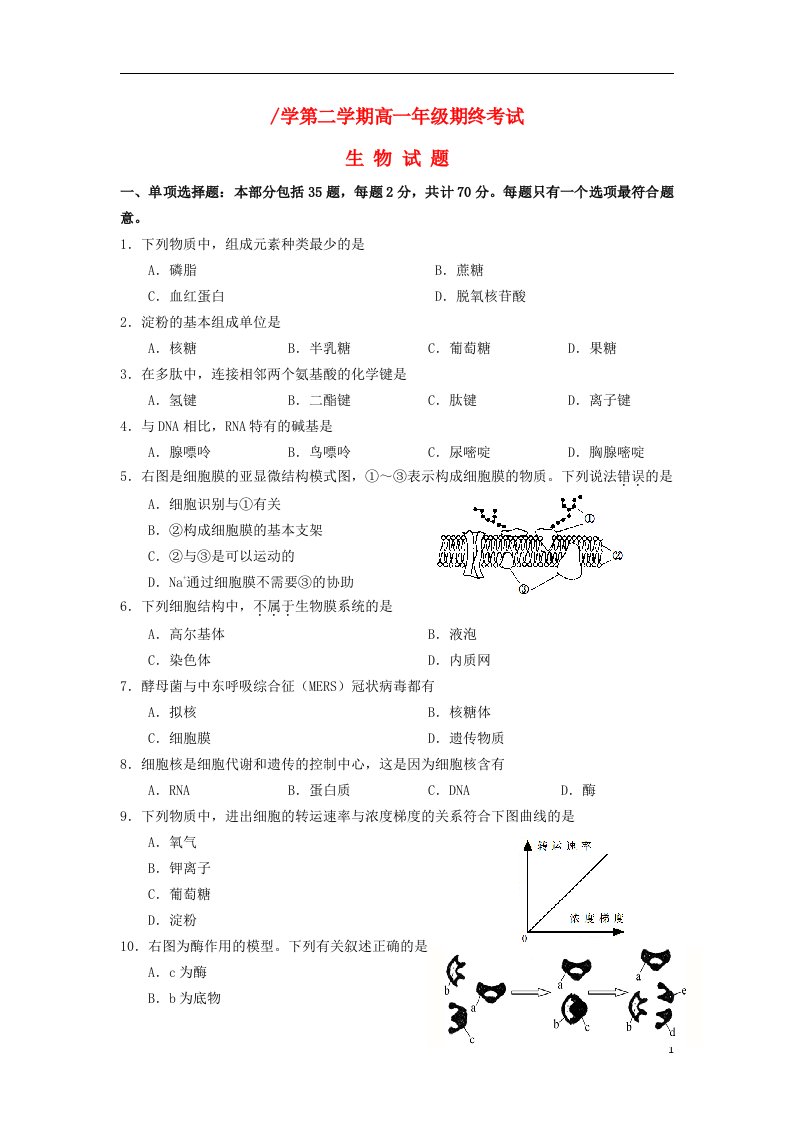 江苏省盐城市高一生物下学期期末考试试题