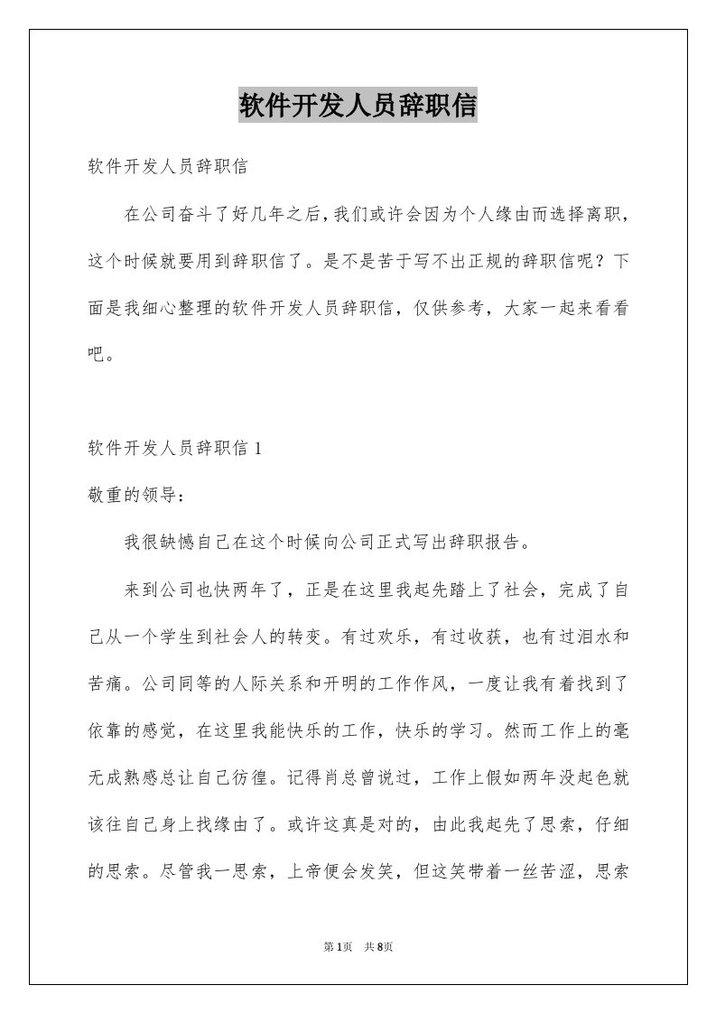 软件开发人员辞职信例文