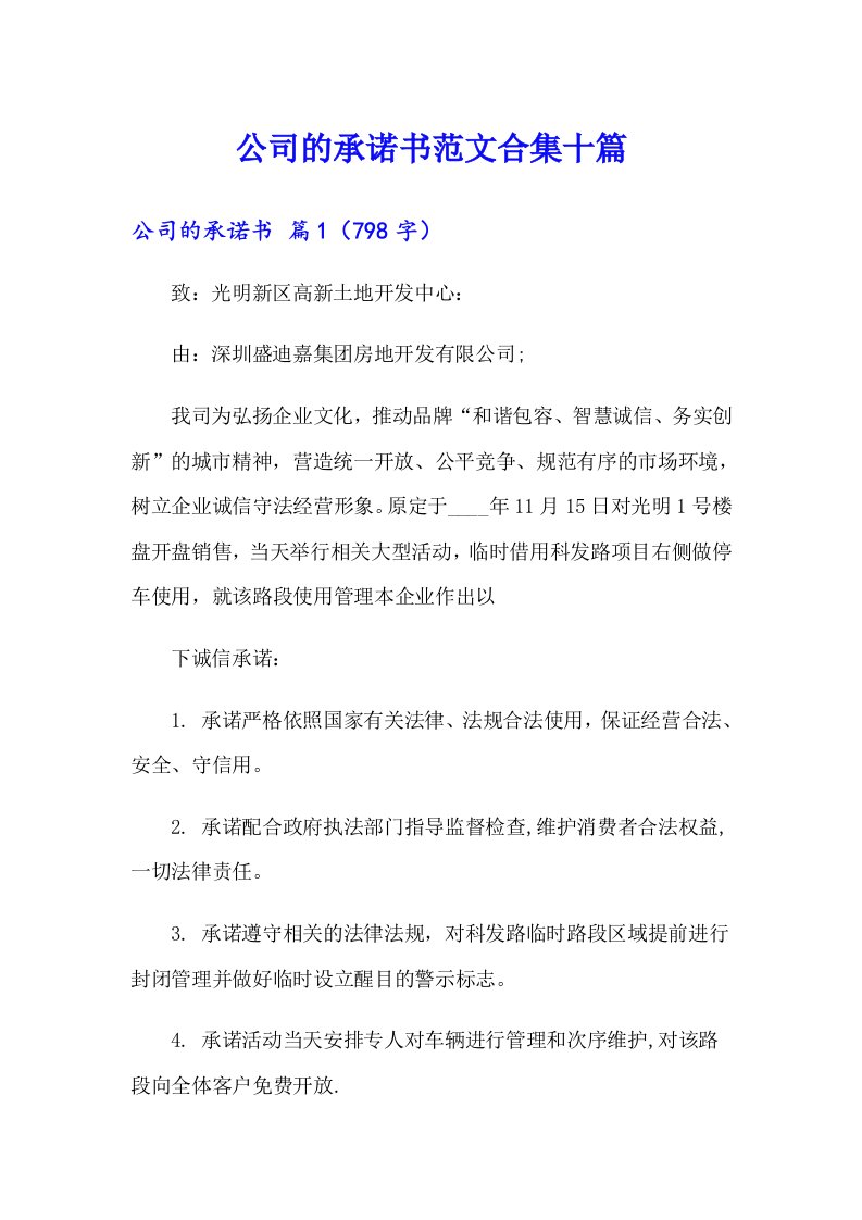 公司的承诺书范文合集十篇