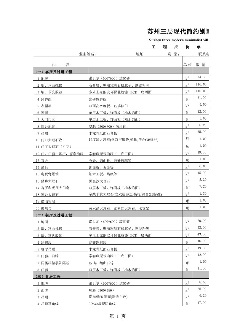 别墅装饰工程预算表