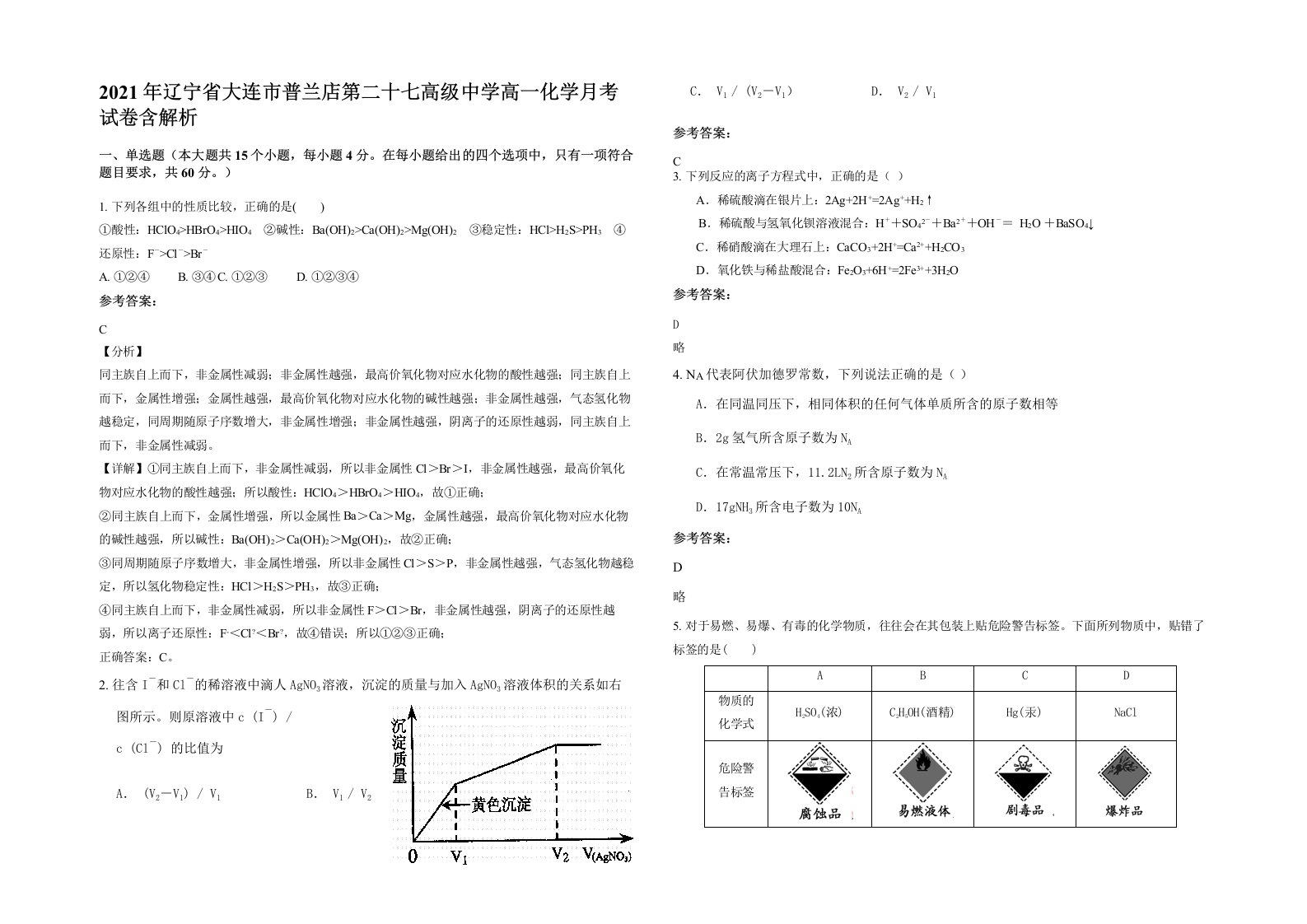 2021年辽宁省大连市普兰店第二十七高级中学高一化学月考试卷含解析