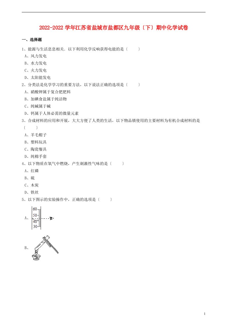 江苏省盐城市盐都区2021-2022学年九年级化学下学期期中试卷（含解析）新人教版