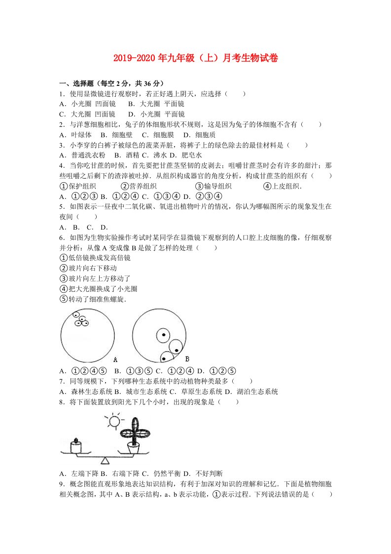 2019-2020年九年级（上）月考生物试卷