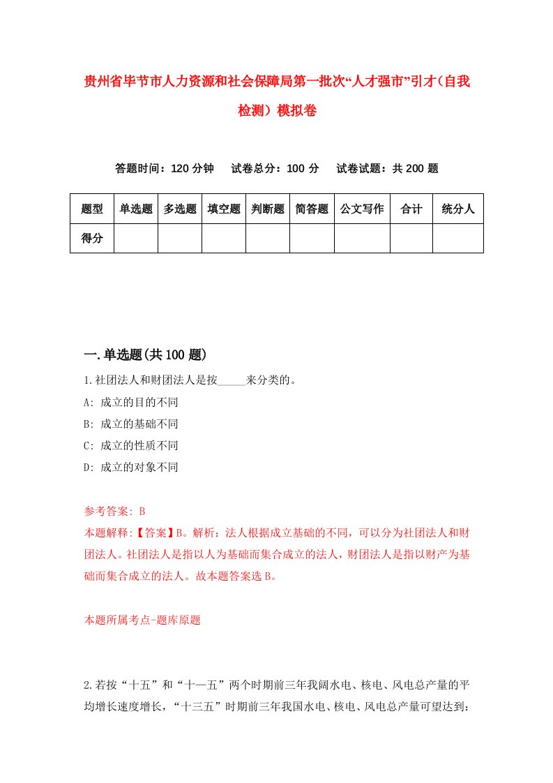 贵州省毕节市人力资源和社会保障局第一批次人才强市引才自我检测模拟卷第2次