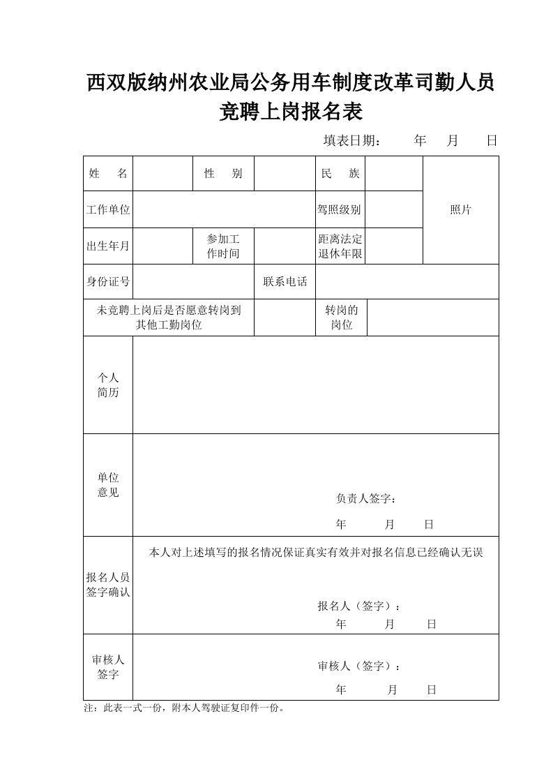 州农业局公务用车制度改革司勤人员竞聘上岗报名表doc