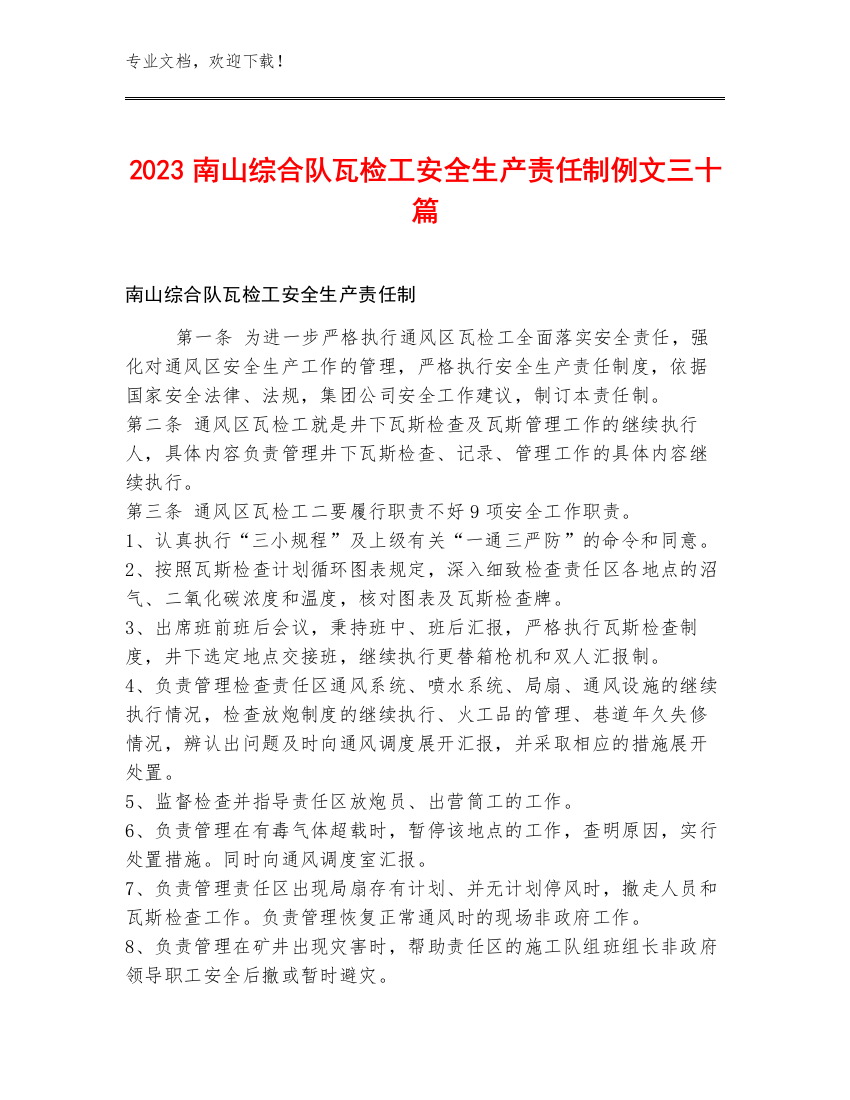 2023南山综合队瓦检工安全生产责任制例文三十篇