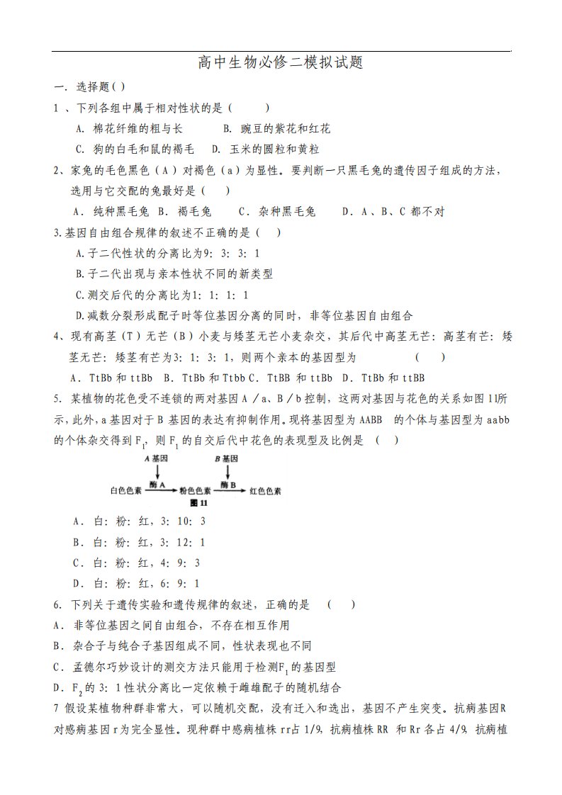 高中生物必修二试卷及答案