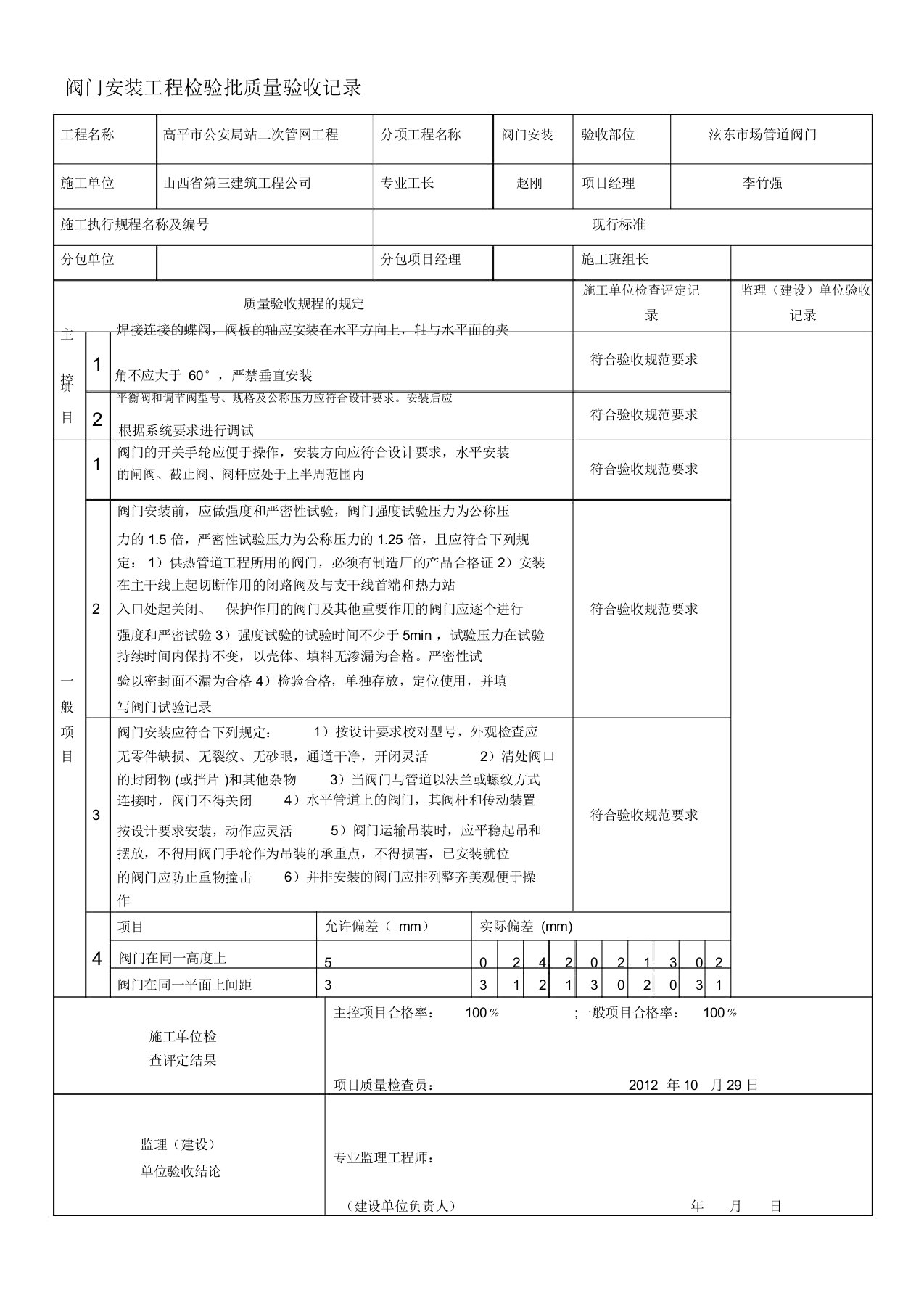 阀门安装工程检验批质量验收记录