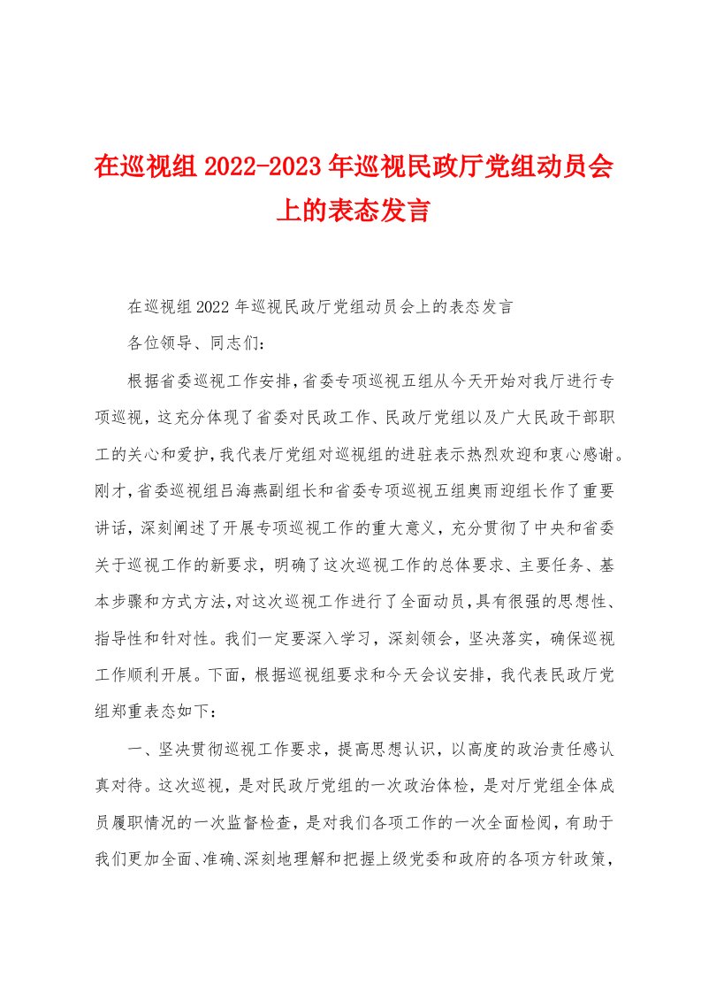 在巡视组2022-2023年巡视民政厅党组动员会上的表态发言