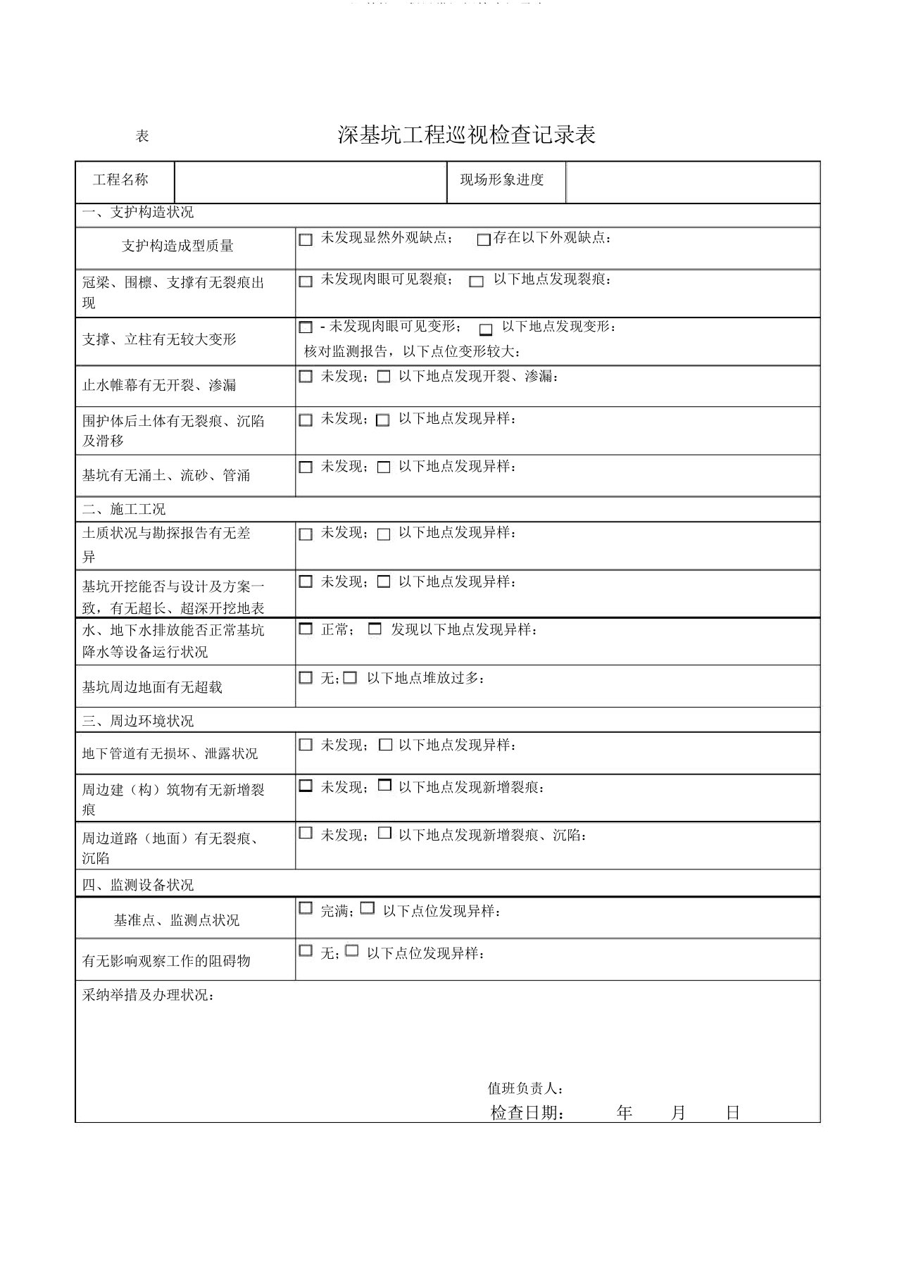 深基坑工程日常巡视检查记录表