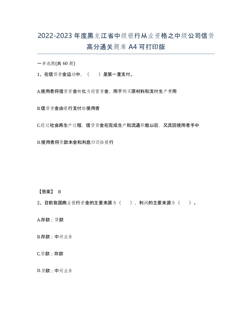 2022-2023年度黑龙江省中级银行从业资格之中级公司信贷高分通关题库A4可打印版