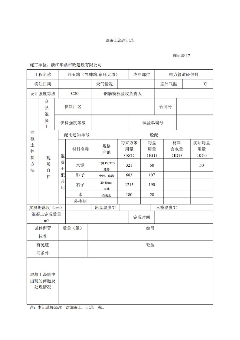 混凝土浇筑记录施工日记表