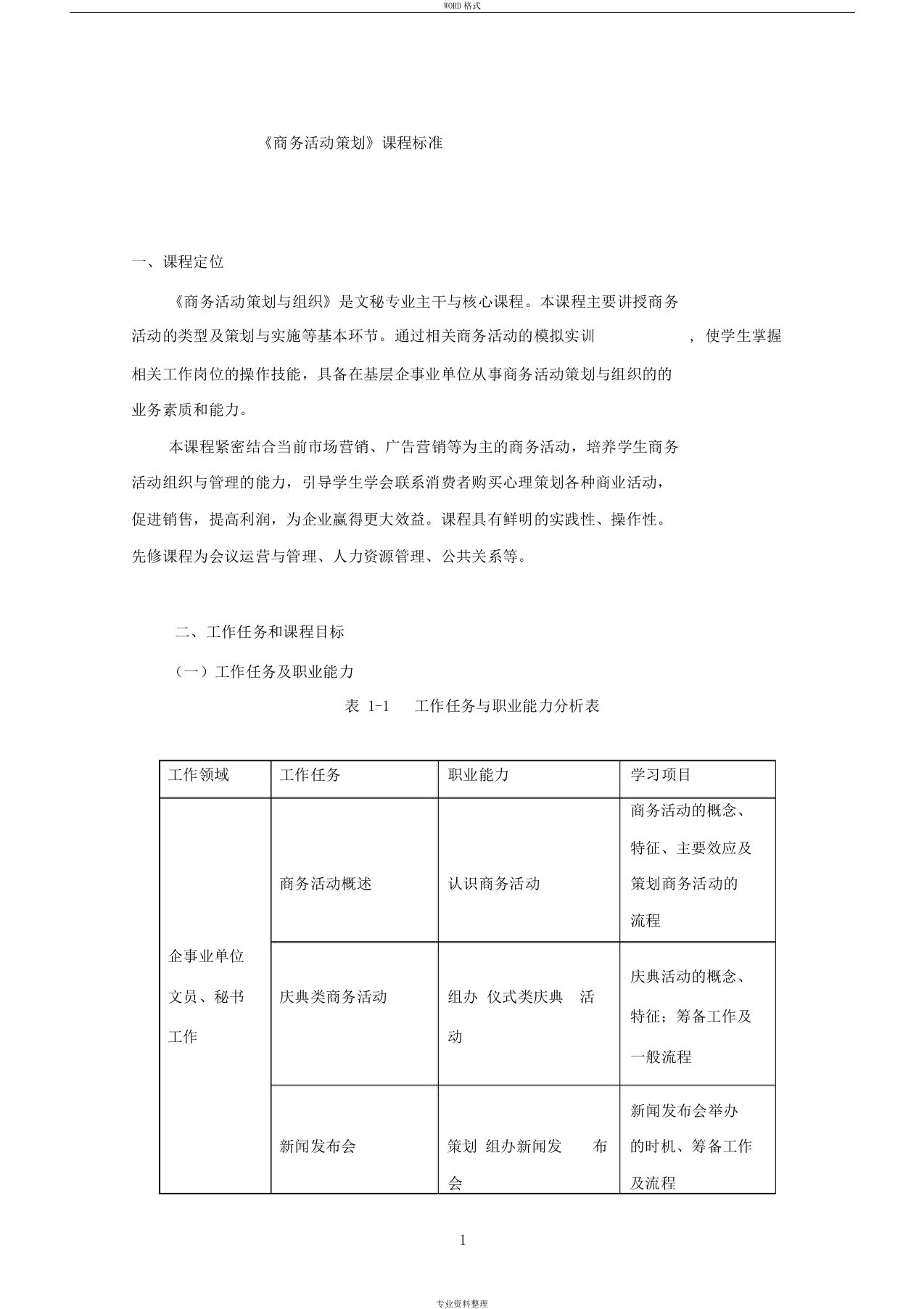 商务活动策划课程标准