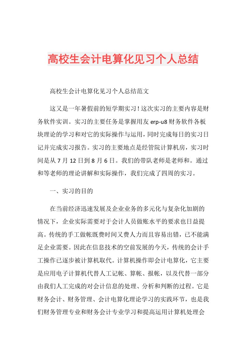 高校生会计电算化见习个人总结