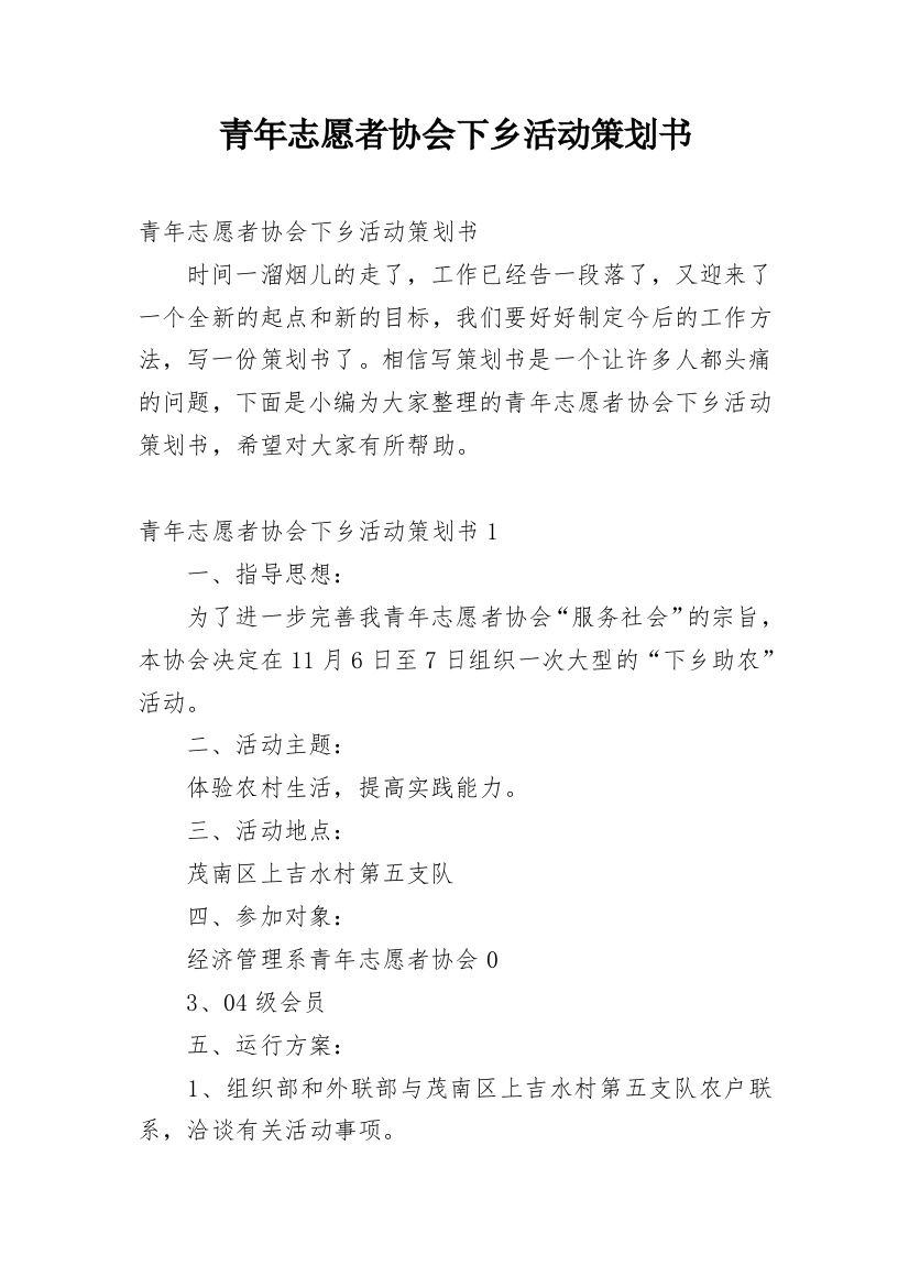 青年志愿者协会下乡活动策划书