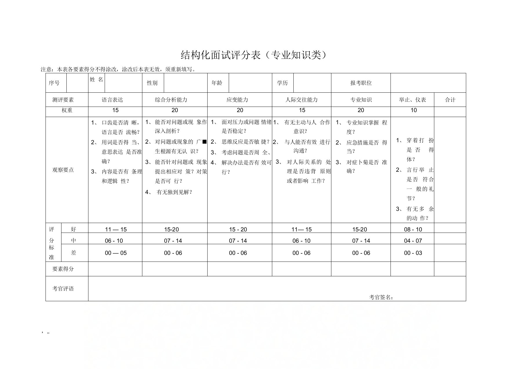 事业单位结构化面试评分表