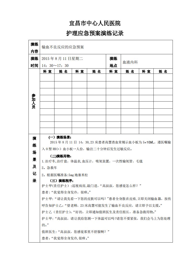 输血不良反应应急预案演练记录1