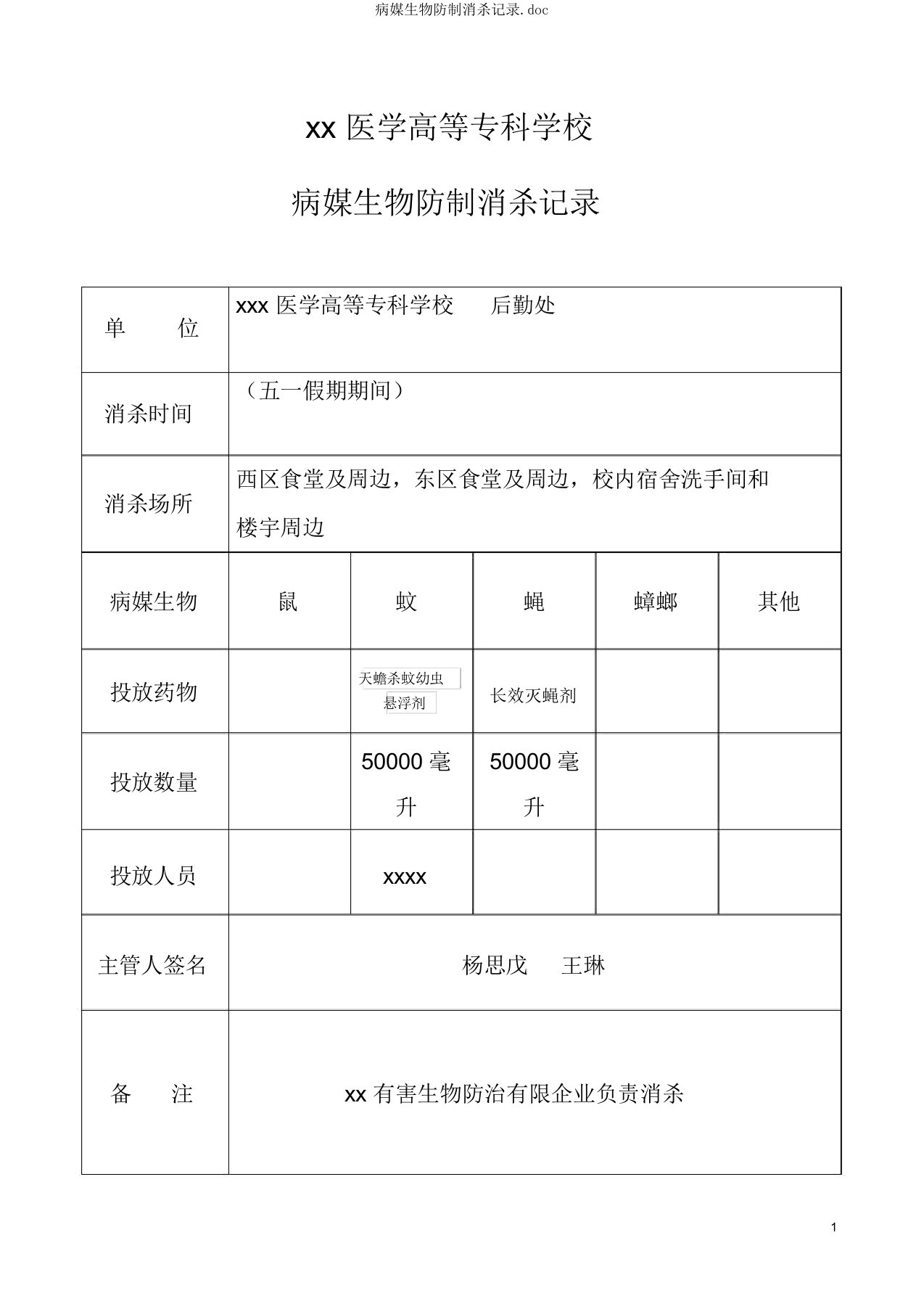 病媒生物防制消杀记录