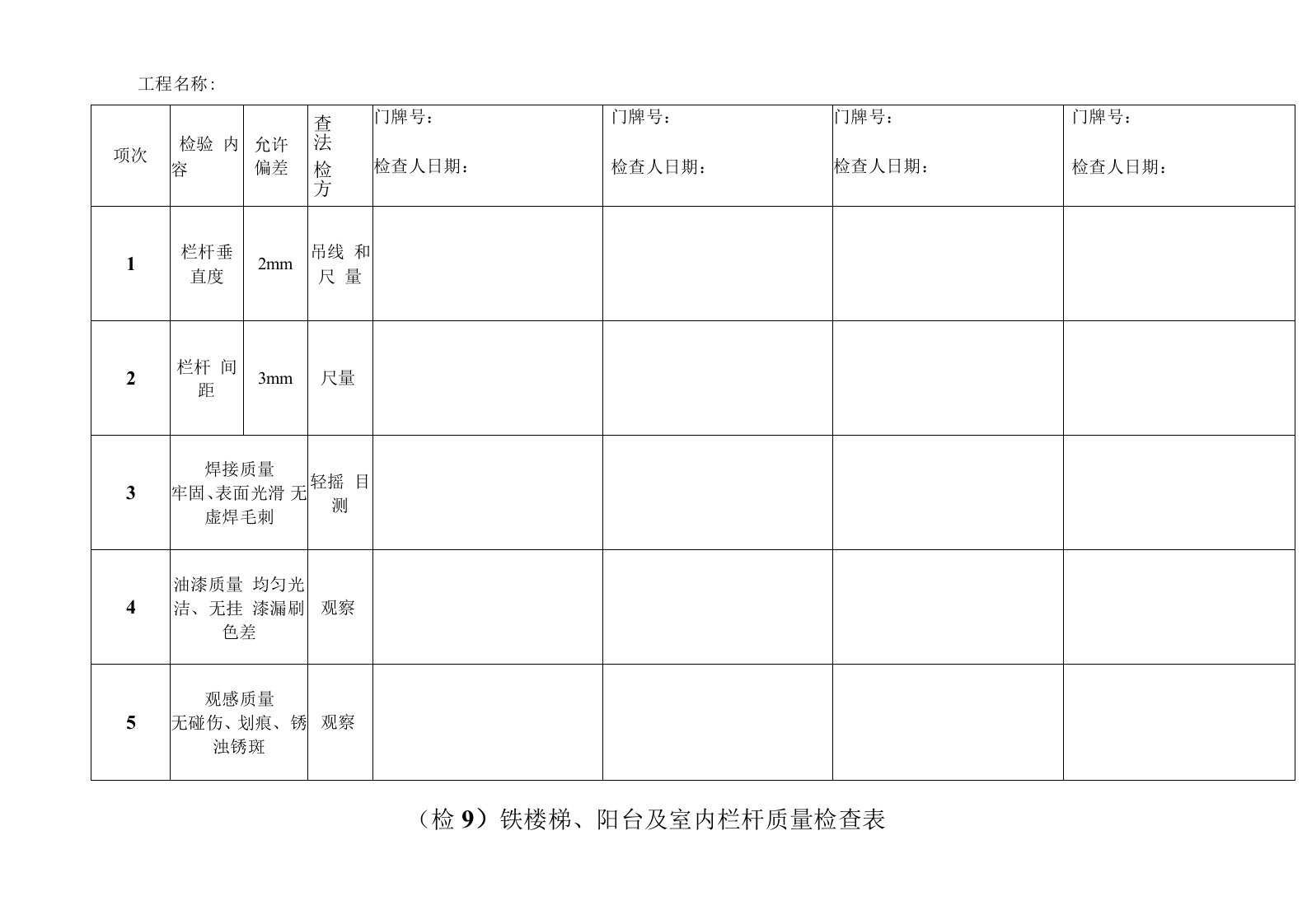 铁楼梯、阳台及室内栏杆质量检查表