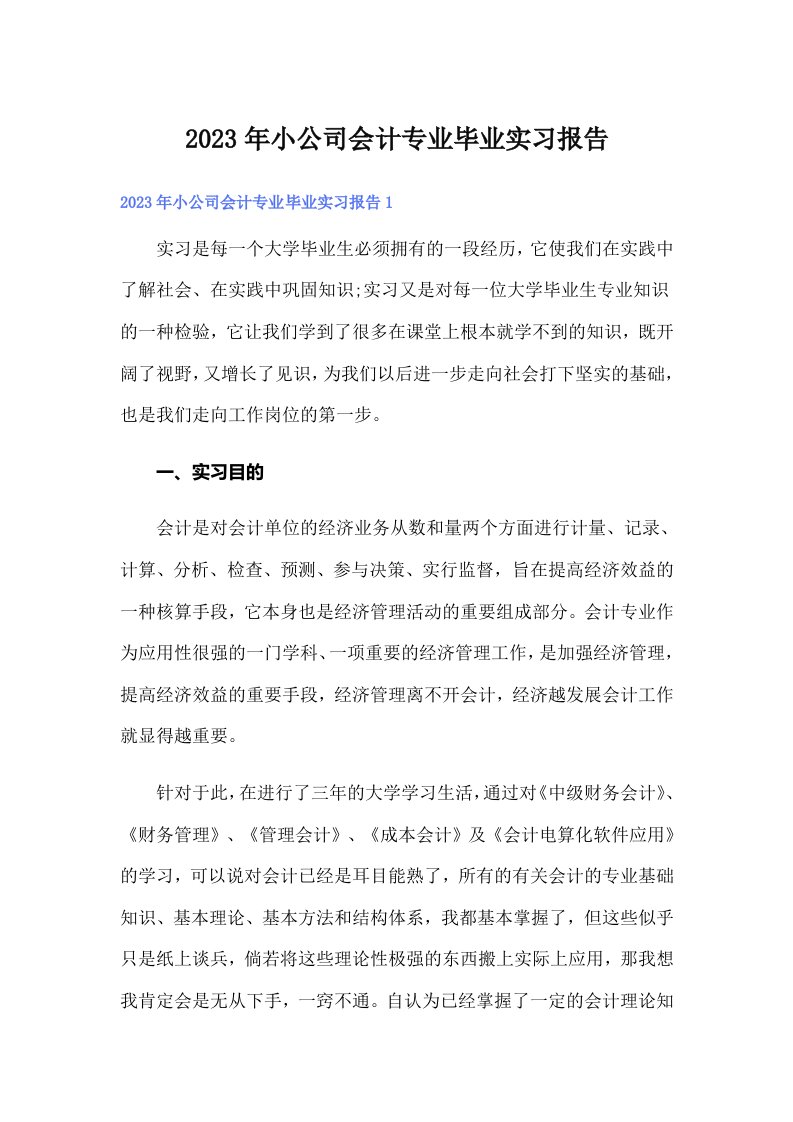 小公司会计专业毕业实习报告