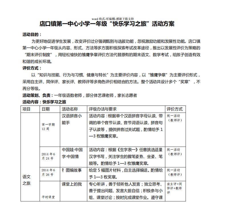 店口镇第一中心小学一年级快乐学习之旅&amp;rdquo;活动方案