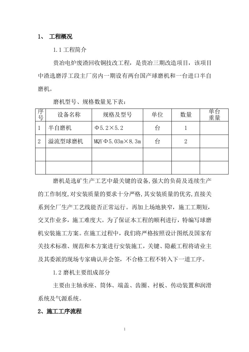 电炉废渣回收铜技改工程球磨机安装施工方案