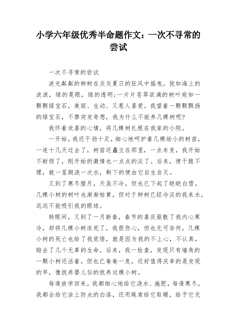 小学六年级优秀半命题作文：一次不寻常的尝试