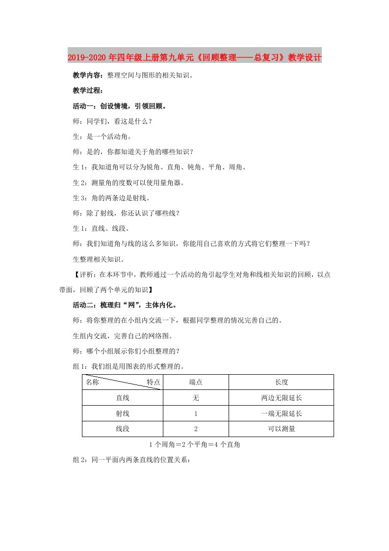 2019-2020年四年级上册第九单元《回顾整理——总复习》教学设计