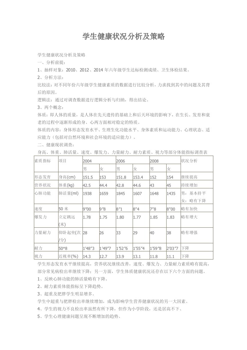 学生健康状况分析及策略