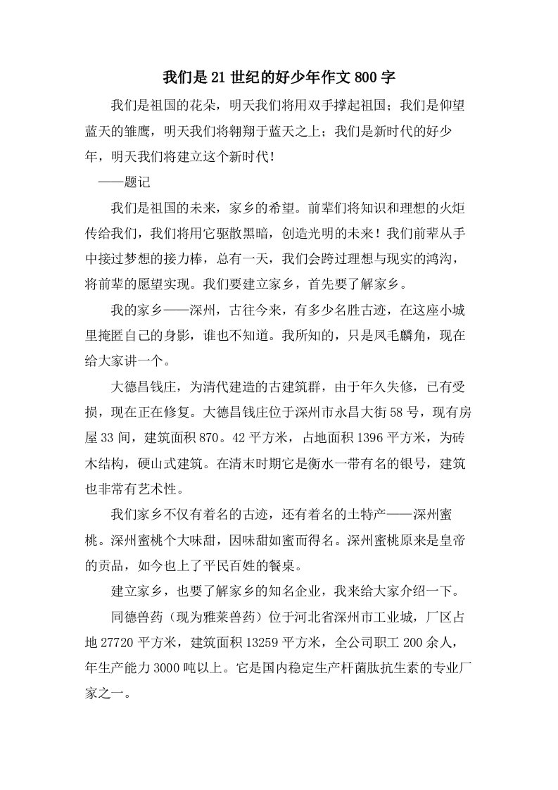 我们是21世纪的好少年作文800字