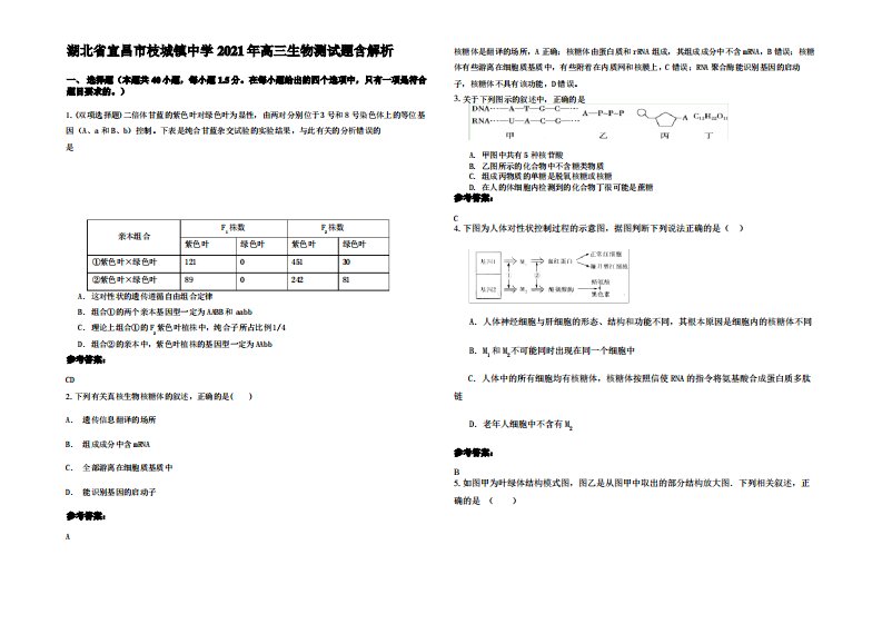 湖北省宜昌市枝城镇中学2021年高三生物测试题含解析