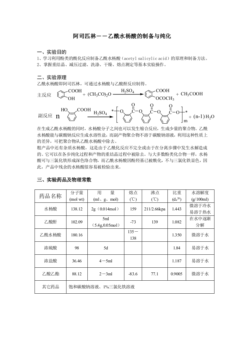 乙酰水杨酸的制备及纯化