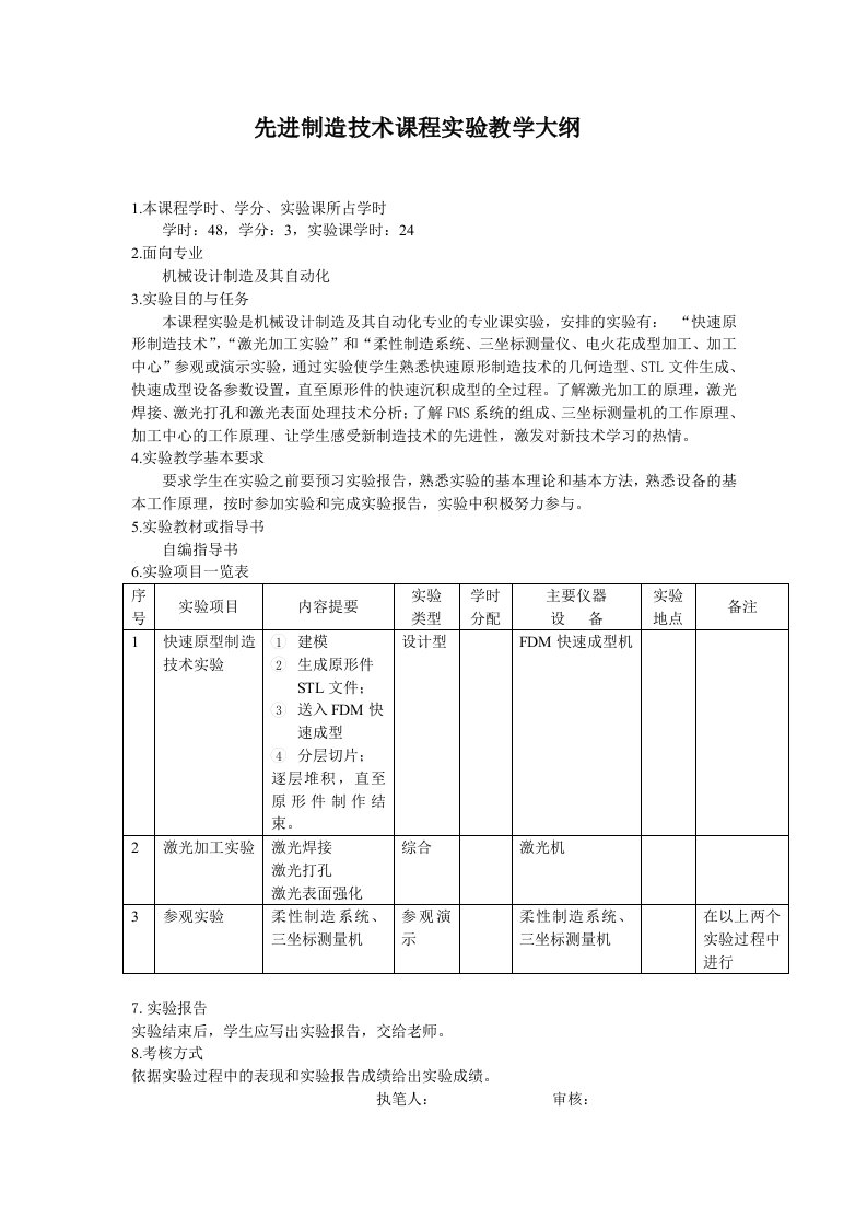 先进制造技术课程实验教学大纲