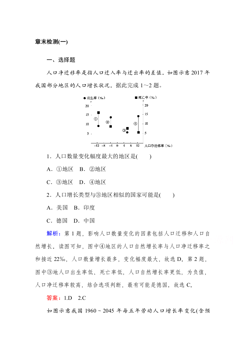 2020-2021学年湘教版地理必修2章末检测：第一章　人口与环境